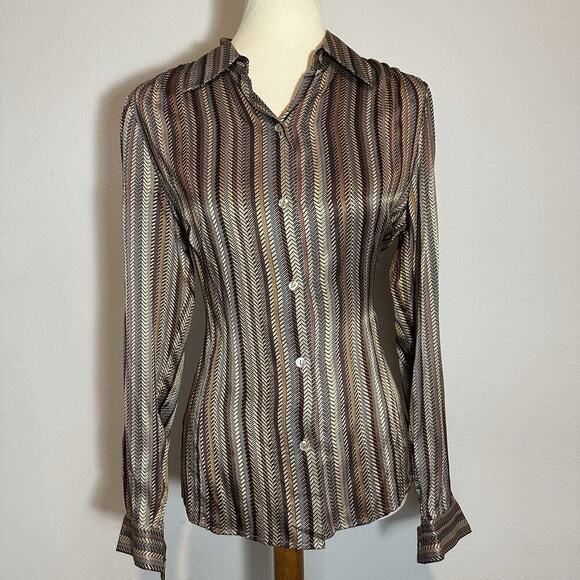 Vintage Silk Old Money Blouse Sz 8 Striped Button Top Heritage Academia Capsule - Picture 3 of 10